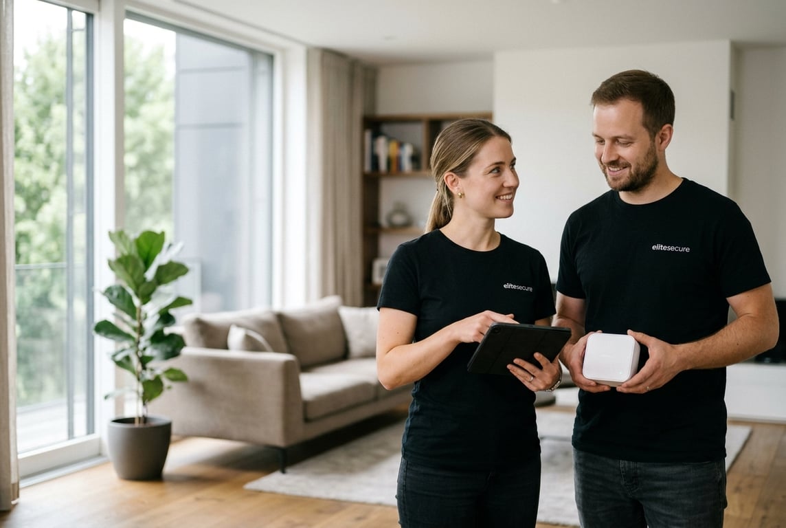 Twee medewerkers van Elitesecure met een tablet en een Ajax Hub