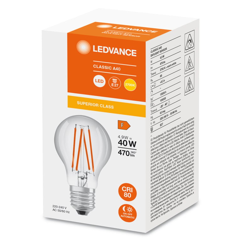 LED CLASSIC A DAYLIGHT SENSOR S 4.9W 827 FIL CL E27