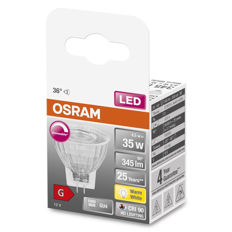 Osram LED MR11 4.5W/927 36º 345lm 12V GU4 Dimbaar Cri90 Ø3.5cm