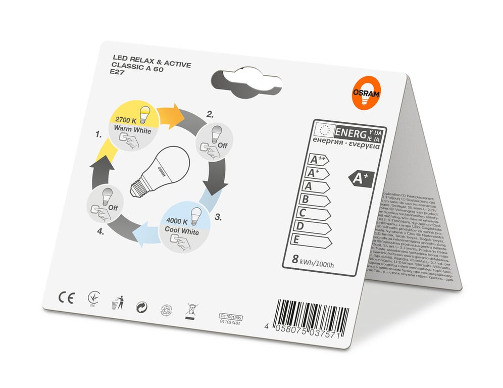 LED RELAX and ACTIVE CLASSIC A 60 8 W/2700K E27 (CS à 1 PCE)