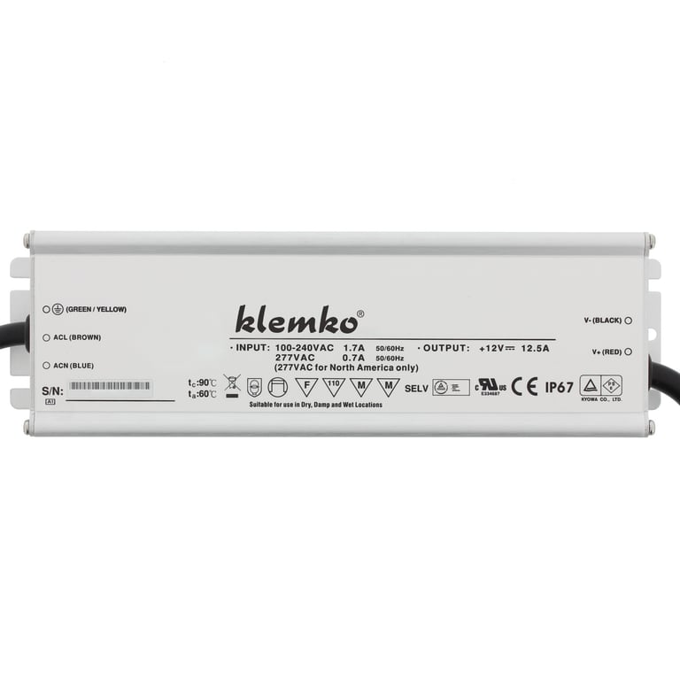 Leddriver IP67 voor constante spanning 12V. Pmax = 150W.