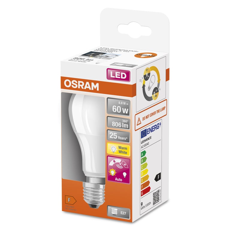 Osram Sensor led standaard E27 9w/60w mat 2700k dag/nacht