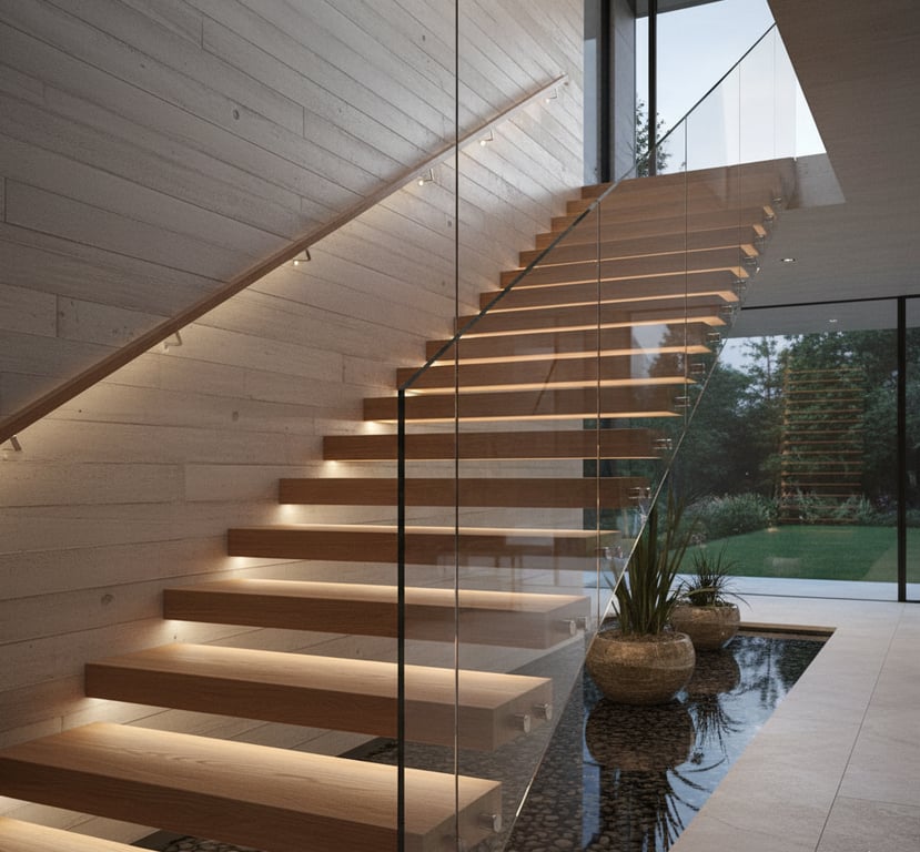 Detailed 3D rendering of a custom floating staircase, illustrating the precision of luxury residential rendering for architectural details. 