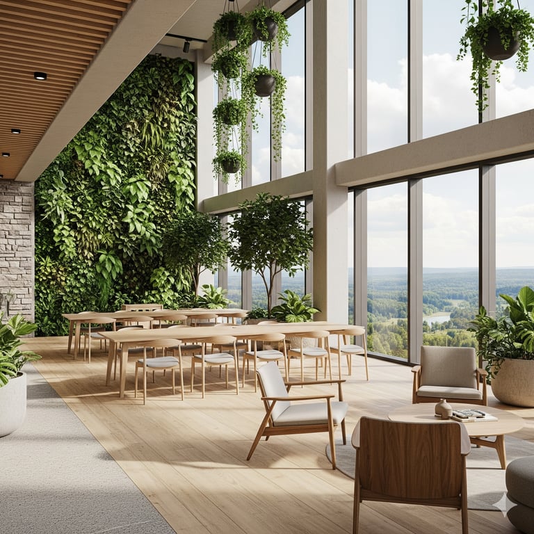 A serene, naturally lit office interior featuring biophilic design elements like a living green wall, indoor plants, and natural wood materials.