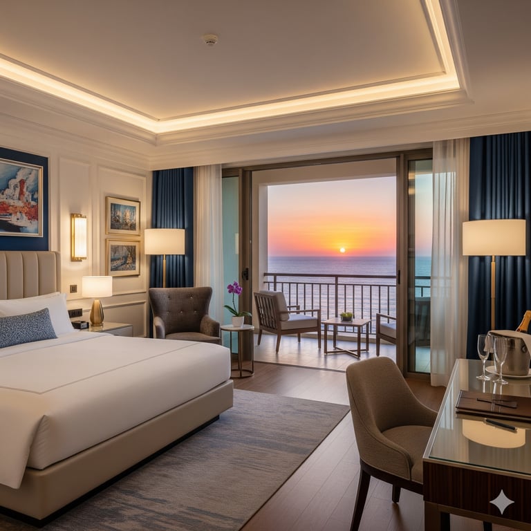 Photorealistic 3D rendering of a luxury hotel room with an ocean view, ideal for pre-launch marketing and effective hospitality design visualization.