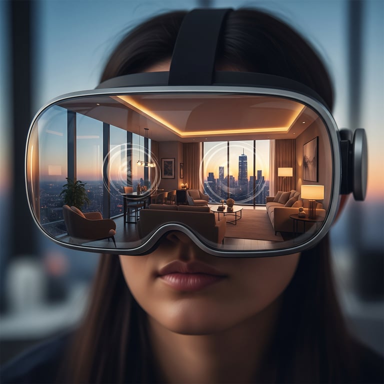 A person using a VR headset to experience a virtual walkthrough of a luxury apartment, a top trend in real estate marketing.