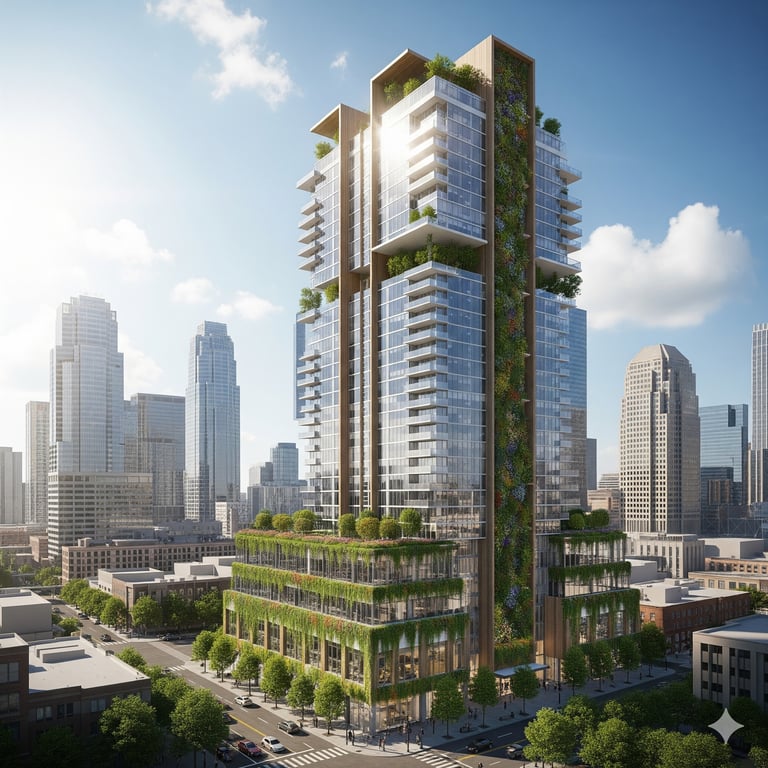 Photorealistic rendering of a modern skyscraper with green roofs and a living wall, showcasing sustainable architecture in a sunlit US city.