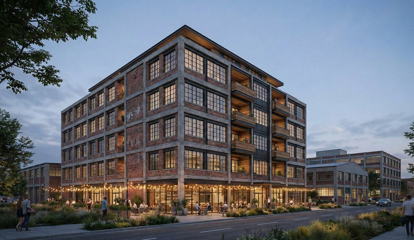 Industrial chic architectural rendering of a mixed-use development in Little River Miami featuring brick facade and outdoor dining.