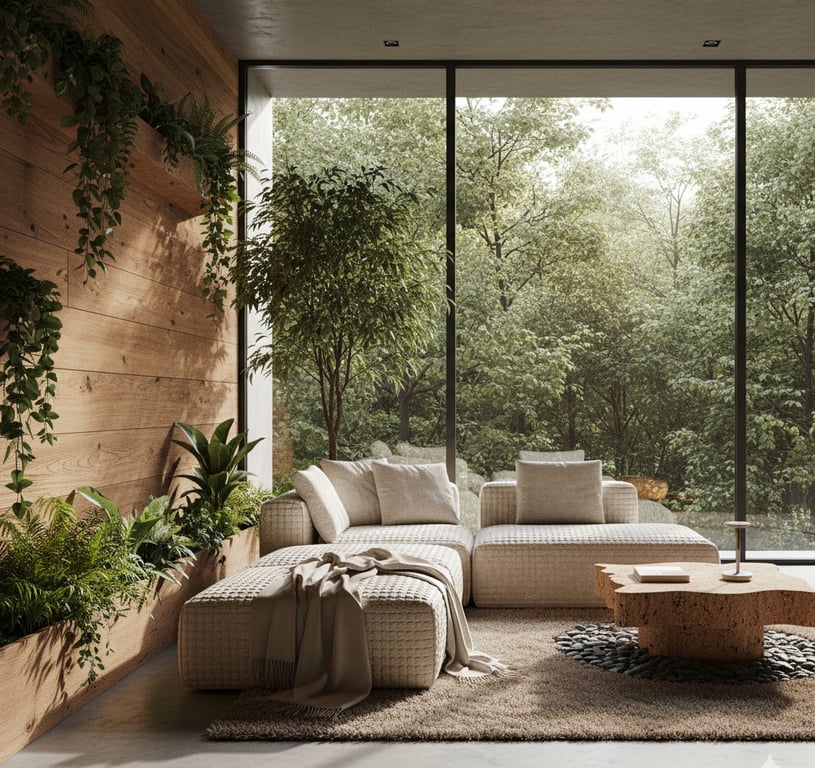 A beautiful 3D render of a room filled with natural light, illustrating the biophilic interior design trend with a reclaimed wood feature wall and lush indoor plants.