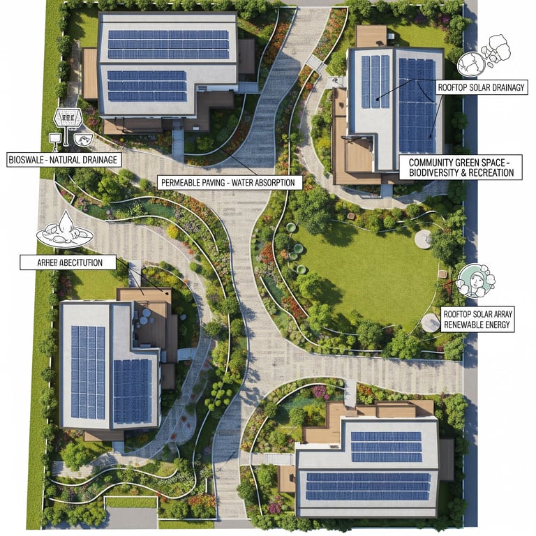 An aerial view of a sustainable site plan rendering, highlighting features like bioswales, solar arrays, and permeable paving with clear labels.