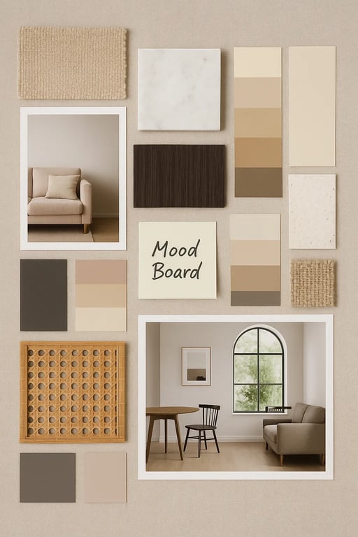 Interior design mood board with colors, textures, and concept photos
