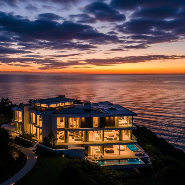 A cinematic drone shot of a modern luxury home at sunset, a key trend in luxury real estate marketing.