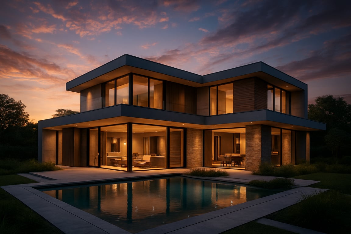 A hyper-realistic house rendering of a modern, multi-level home at dusk, with warm interior lights glowing, created by SolidRender.
