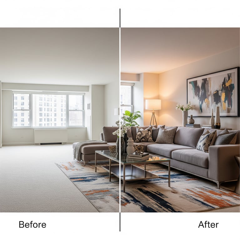 A side-by-side comparison showing a living room before and after virtual staging, a powerful real estate visualization trend.