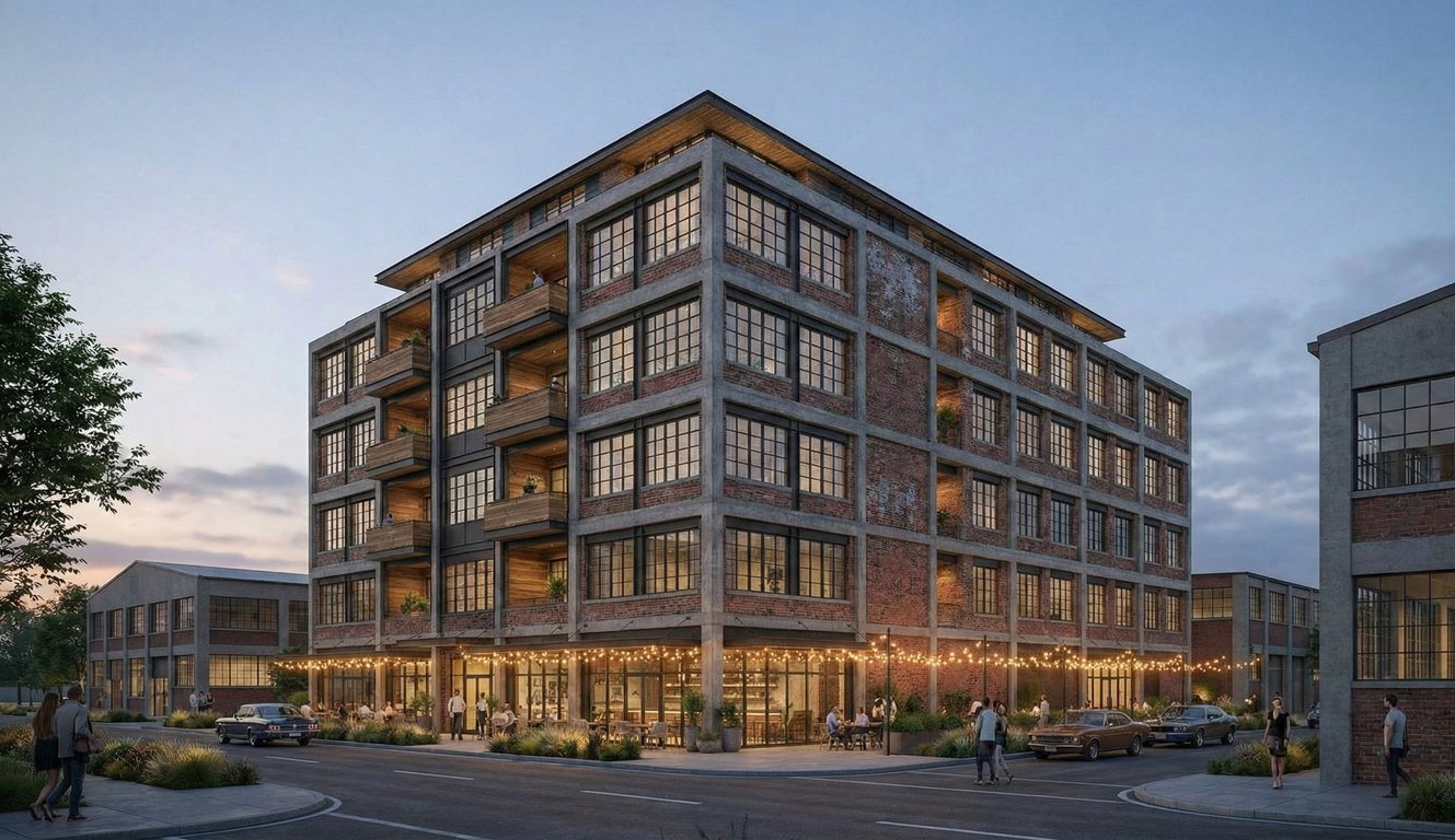 Street level view of a miami Little River development showing walkable retail and industrial architecture style.