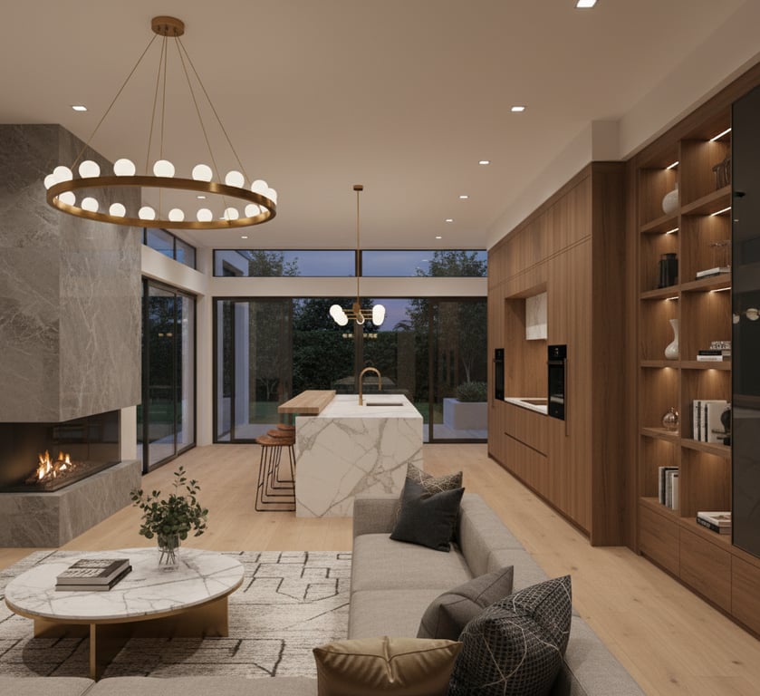 Photorealistic interior rendering of a modern luxury kitchen with a marble island, a key element in interior design for luxury homes. 