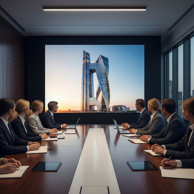 A photorealistic rendering displayed on a large screen in a modern boardroom during an investor presentation.