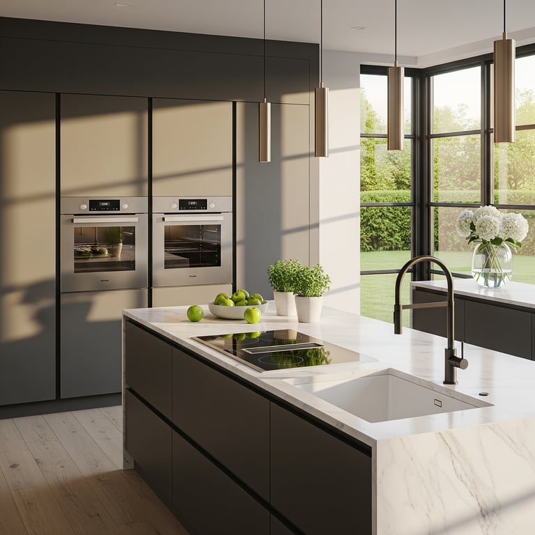 A hyper-realistic 3D render of a modern kitchen, showcasing the detail possible with professional real estate visualization.