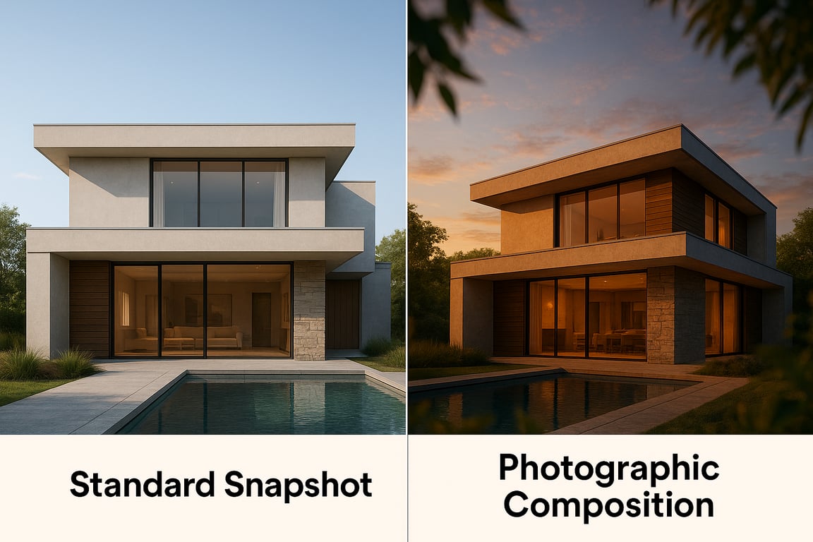 side by side comaprison of a standard, eye-level 3D render of a modern home, representing a basic snapshot and same modern home rendered with an artistic, photographic composition, using a dynamic low angle to create a sense of scale and drama.