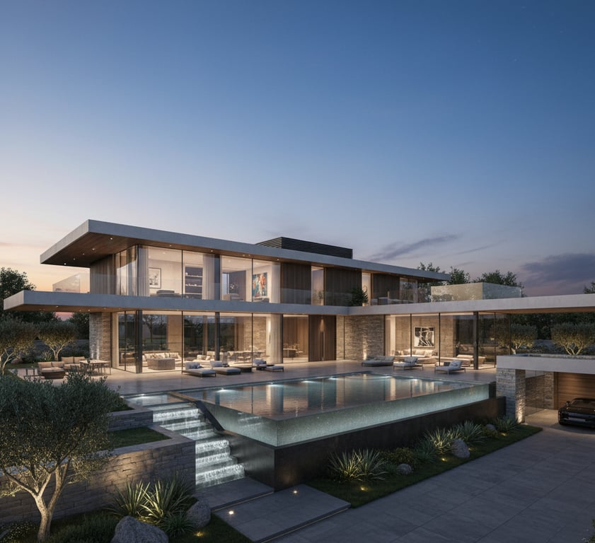 High-Quality wide angle rendering of a modern luxury mansion with a pool at dusk, showcasing luzury residential visualization.