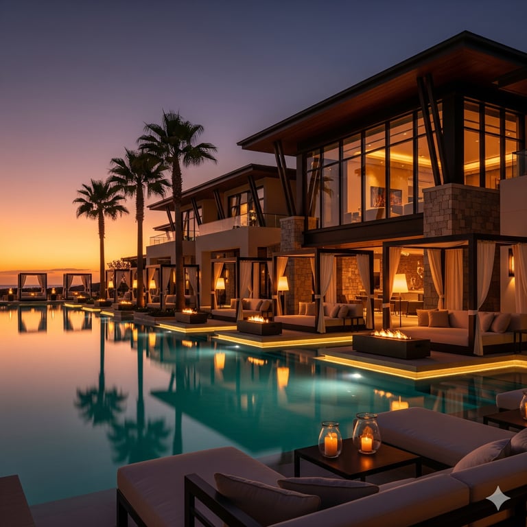 Photorealistic rendering of a luxury resort infinity pool at sunset, showcasing premium hospitality design visualization for an unforgettable guest experience.