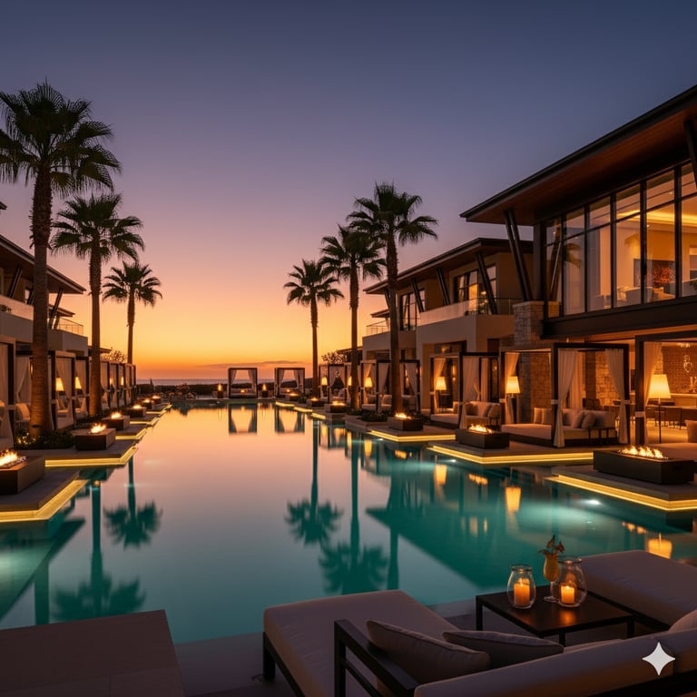 Wide-angle photorealistic rendering of a luxury resort and infinity pool at dusk, showcasing high-end hospitality design visualization.