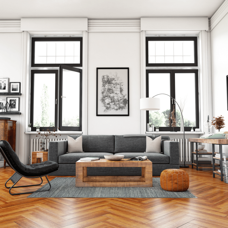 3D furniture rendering of a living room with sofa and decor