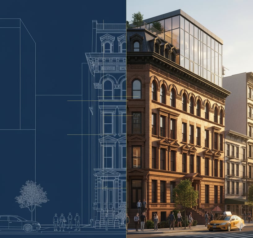 Hybrid image by SolidRender showing a blueprint of a historic NYC brownstone transforming into a photorealistic 3D rendering of a modern glass addition for lpc approvals.