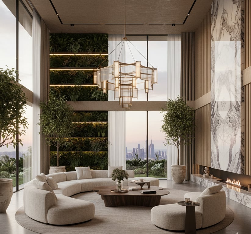 A breathtaking, photorealistic 3D render of a luxurious living room, showcasing the aspirational interior design trends of 2026 with a curved sofa, biophilic wall, and stunning city view.