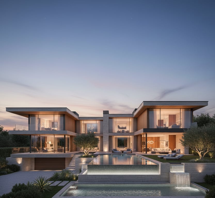 Photorealistic rendering of a modern luxury mansion with a pool at dusk, showcasing high-end residential visualization.