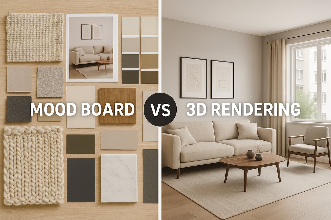 Side-by-side view of interior design mood board and 3D rendering for comparison
