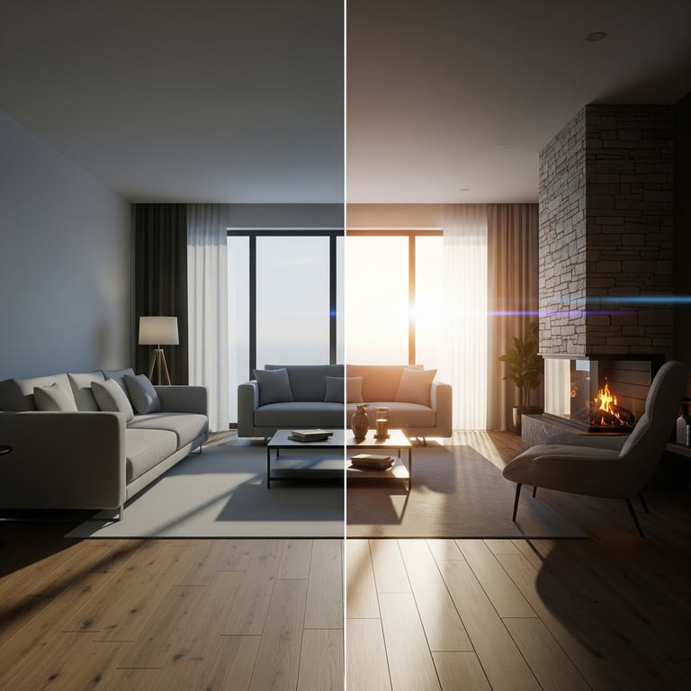A dramatic side-by-side comparison of rendering vs cost. On the left, a basic, flat, "competitor" style rendering. On the right, a vibrant, detailed, and photorealistic rendering of the exact same space.
