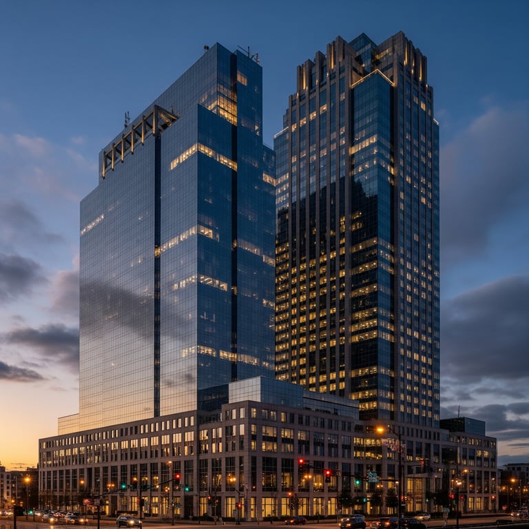 Architectural visualization of a US skyscraper used for ROI of real estate development marketing, showing a photorealistic rendering at dusk.