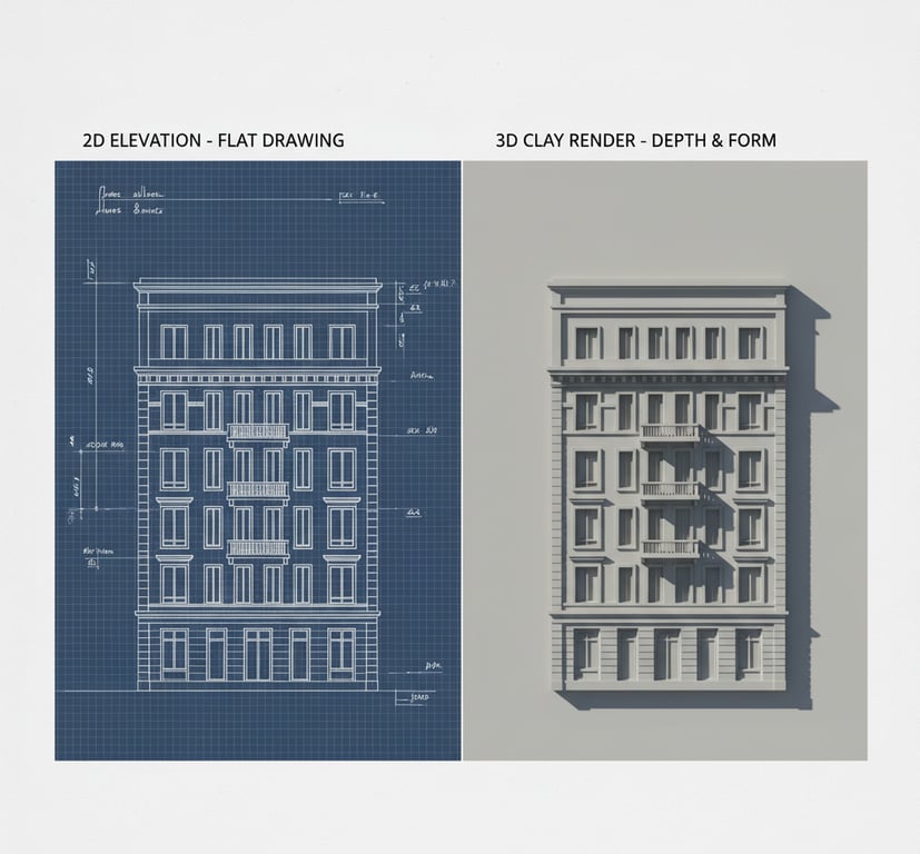 Side-by-side comparison showing the difference between a flat 2D architectural elevation drawing and a 3D clay model render which clearly illustrates depth, form, and shadow.