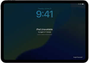 An iPad screen that says "iPad unavailable. Try again in 1 minute"
