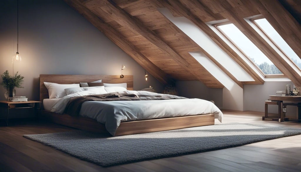 A cozy attic bedroom with a sloping ceiling built in bookshelves and a comfortable bed