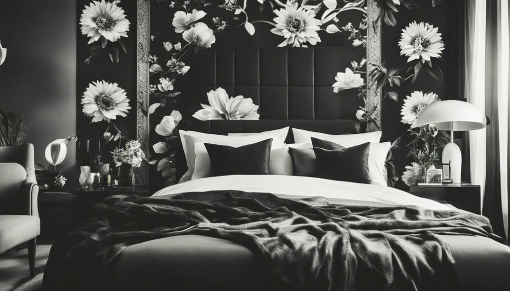 A black bedroom with graphic black and white prints organic florals and global textile designs