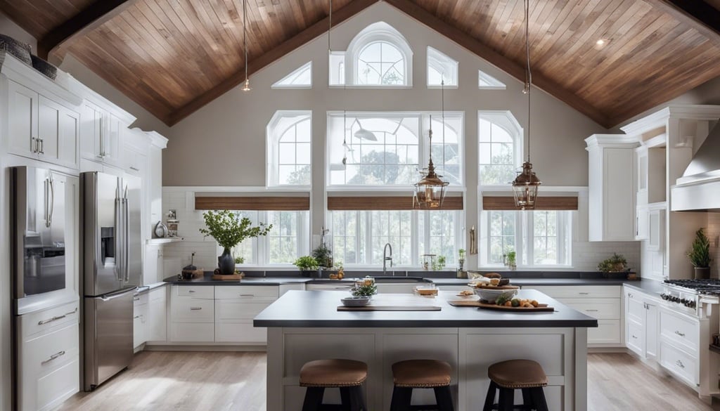 A vaulted ceiling kitchen with a center island and stainless steel appliances