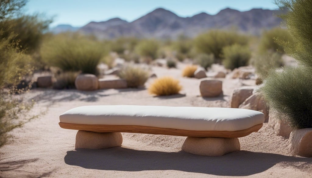 Stone seating in a desert landscaped backyard