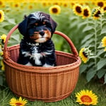 Adorable Havanese puppy sitting in a wicker basket, surrounded by blooming sunflowers in a sunny meadow.