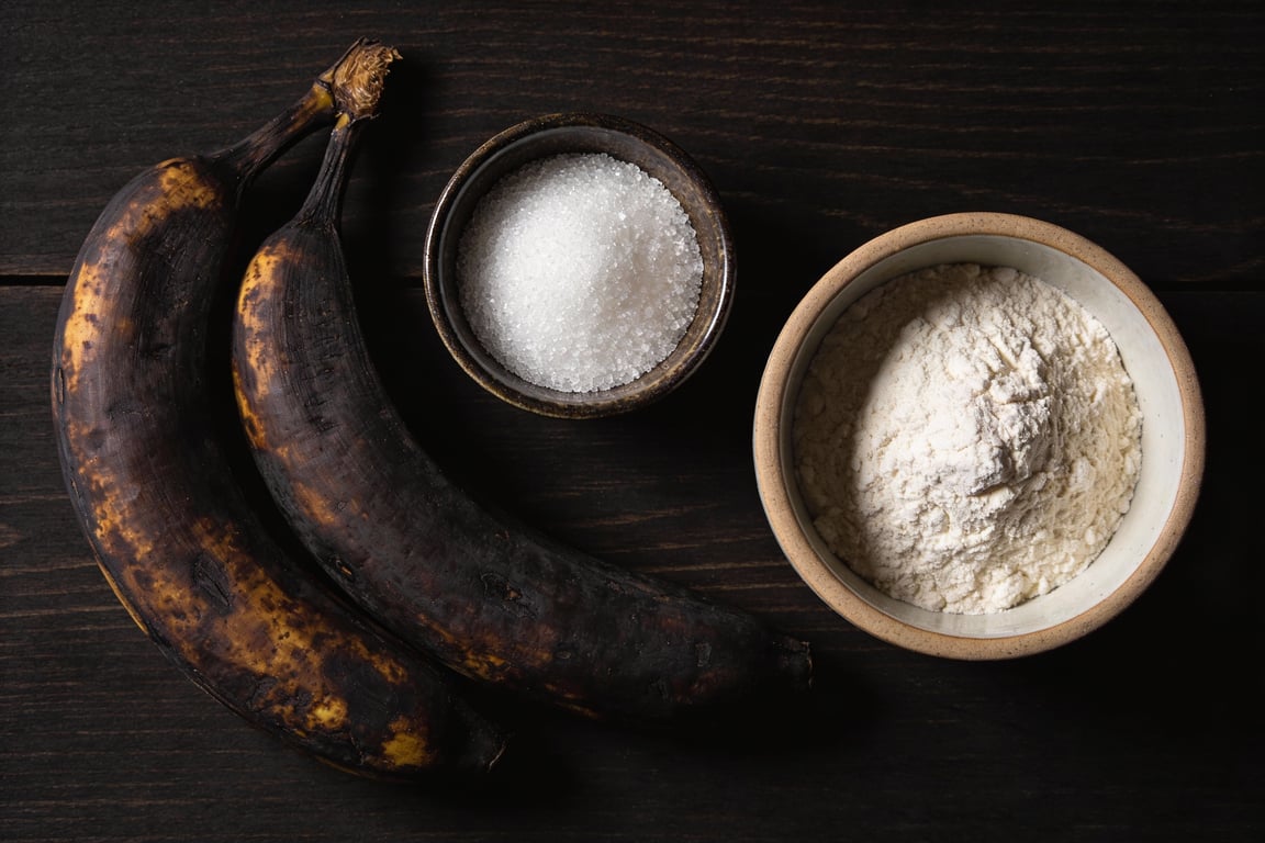 Ingredients for 15-cent banana muffins, a classic among pantry staple recipes.