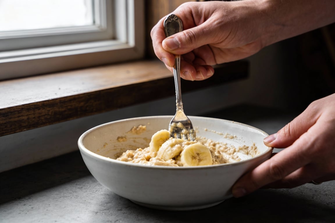 The finished batter for these cheap banana muffins, ready for the oven.