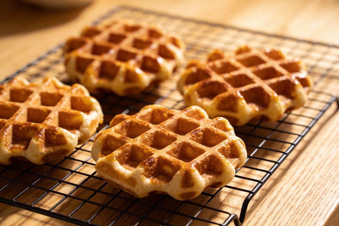 Freezer friendly waffles for kids on a wire cooling rack