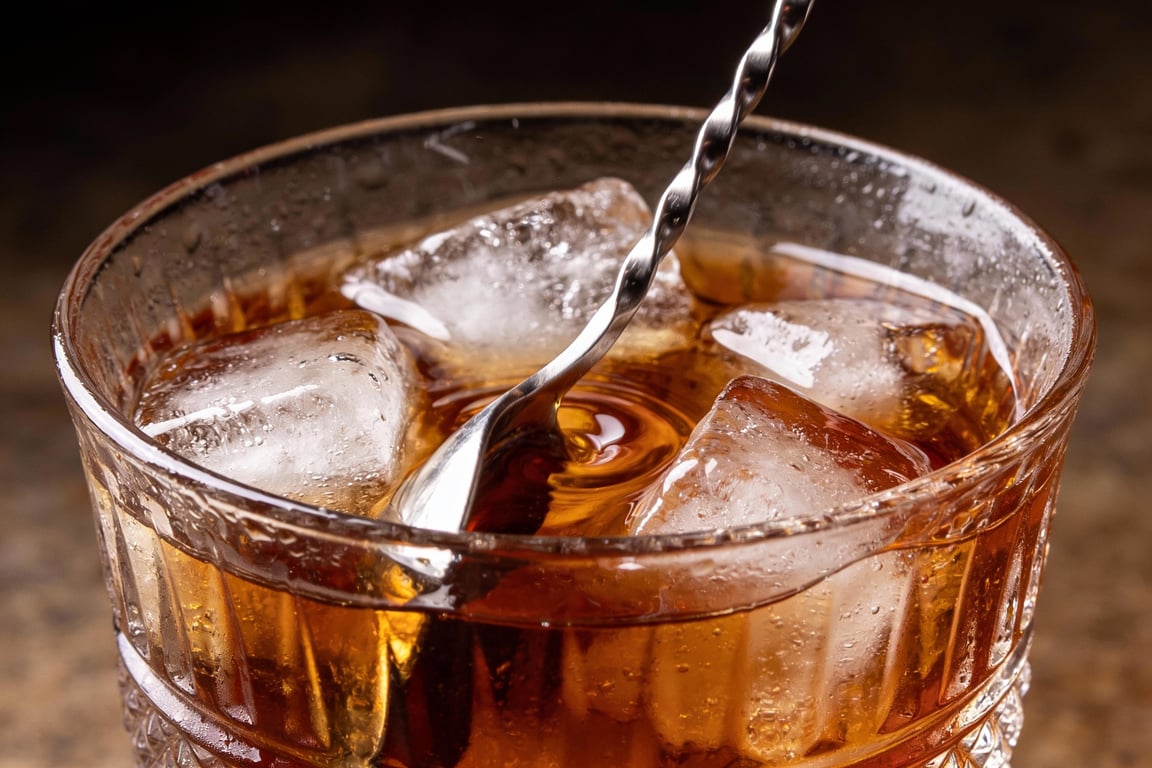 Pouring the rye and vermouth for an 1874 Manhattan Cocktail