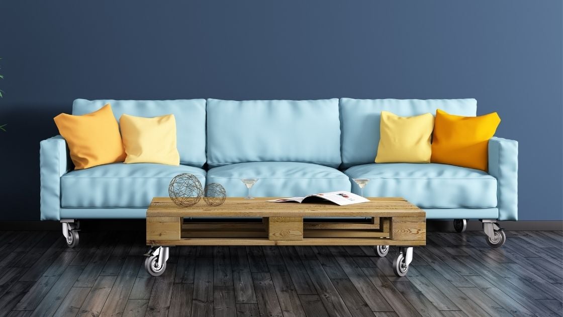 Wooden coffee table on wheels