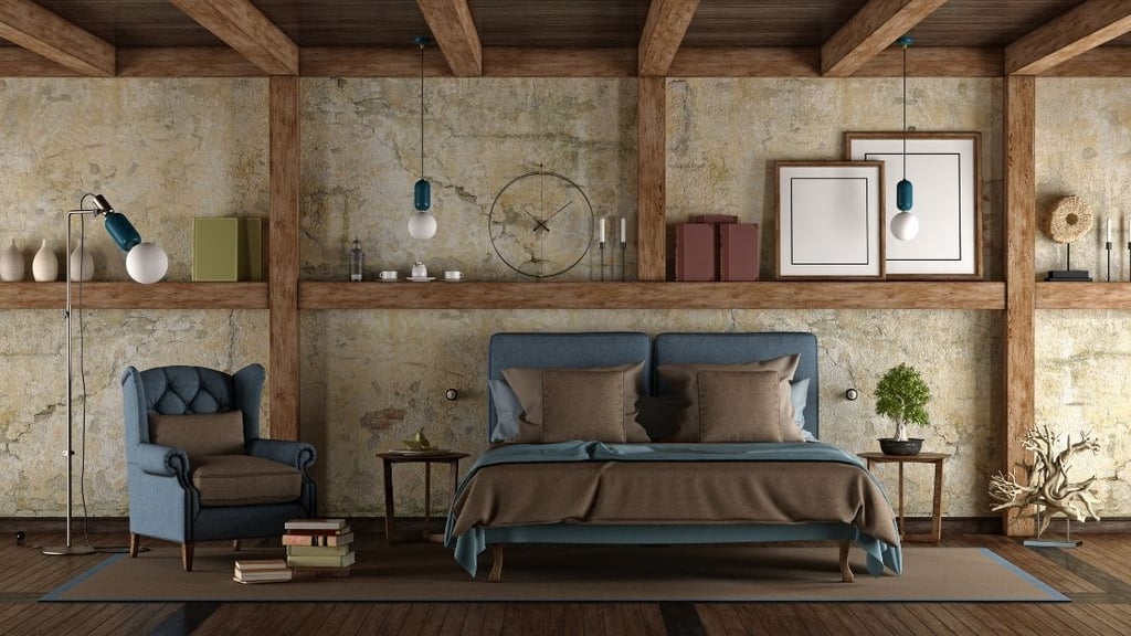 The wooden beams doubled as shelving and matched by the bedding and floorboards.