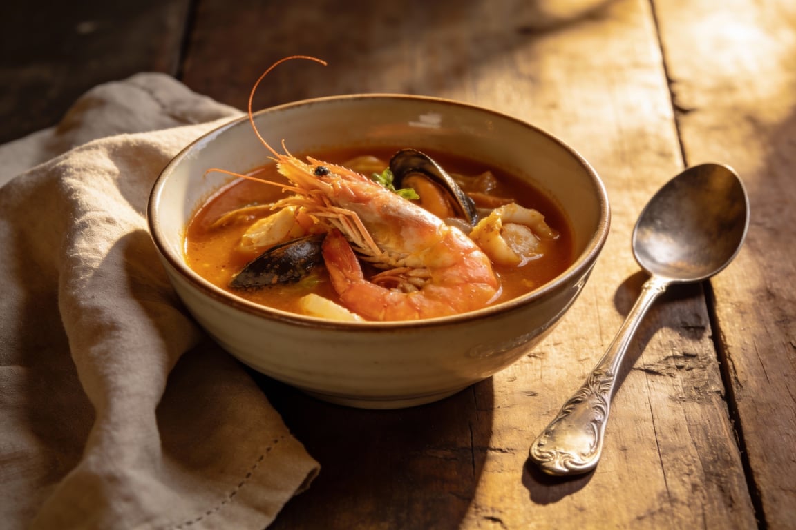 Finished budget bouillabaisse in a bowl