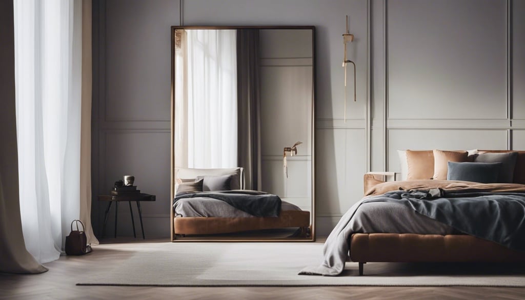 Masculine bedroom with fill length mirror next to a cloths rack