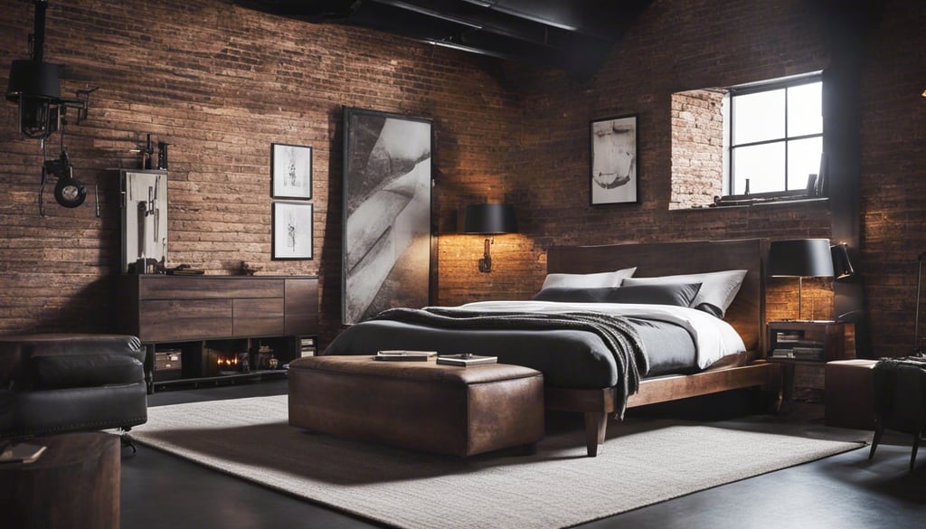 A black bedroom with a rustic industrial vibe featuring dark wood furniture and exposed brick wall