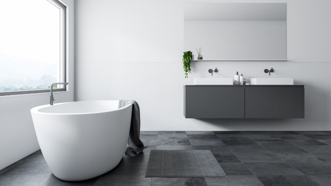 White and gray bathroom with large window